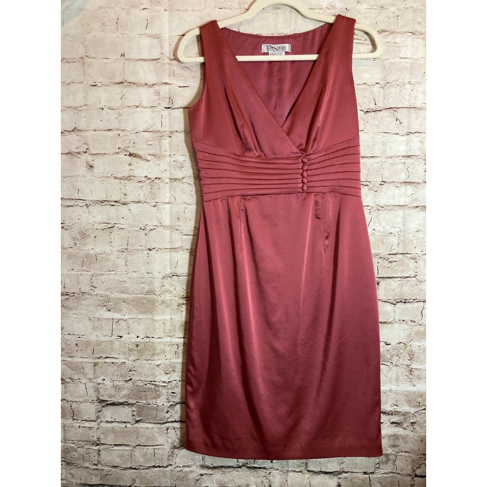 Kay Unger NY Cocktail Dress 6 Dark Mauve Satin Ruched Bodice Party A-Line V-Neck